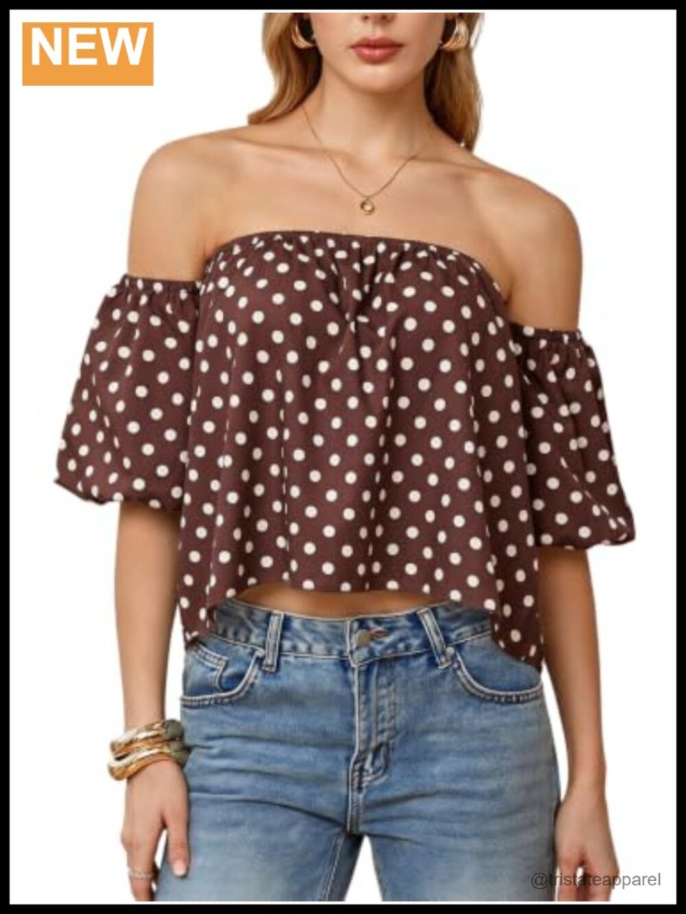 Off Shoulder Polka Dot Top Puff Sleeve Blouse Loose Fit Going Out